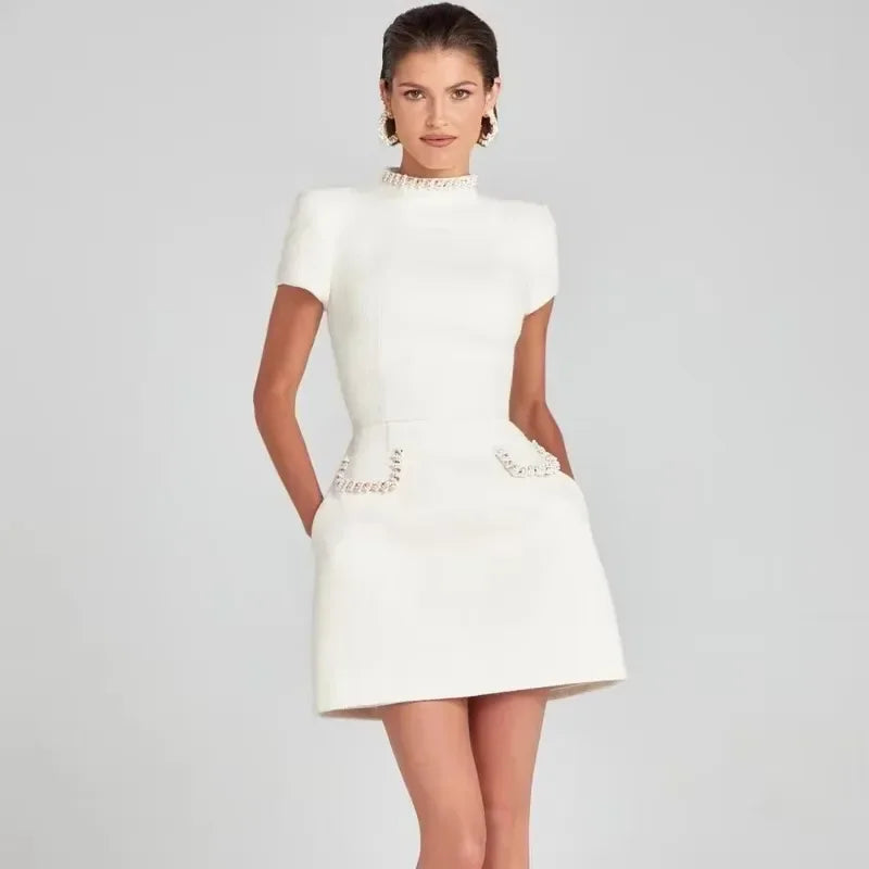 Tweed Solid Beaded Seam Mini Dress