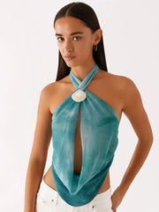 Blue Tie Dye Halter Deep Neck Top