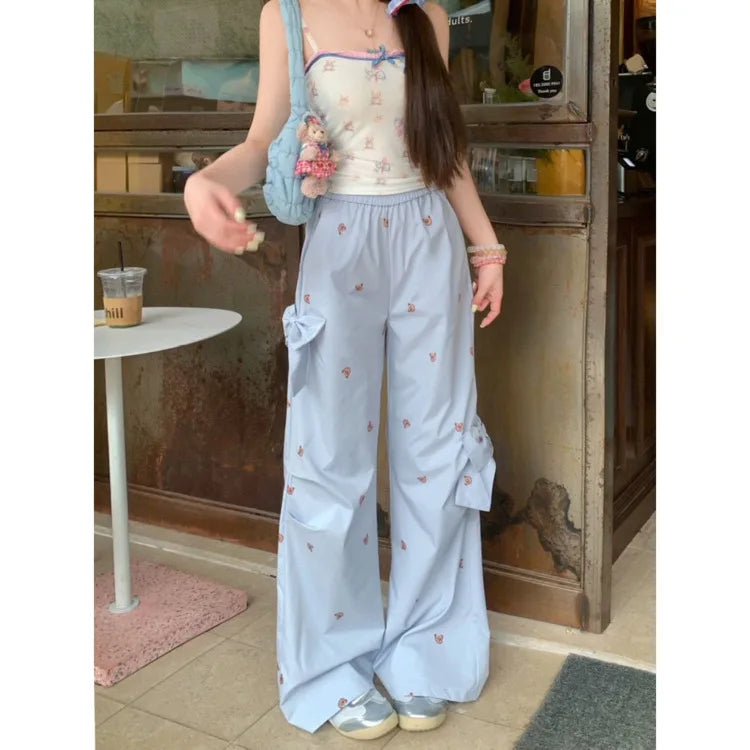 Bows Bear Printed Wide Leg Elastic Cargo Pants
