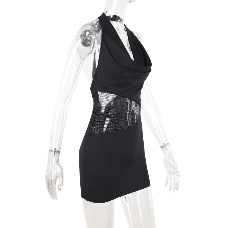 Black Halter Neck Patchwork Sequin Mesh Mini Dress