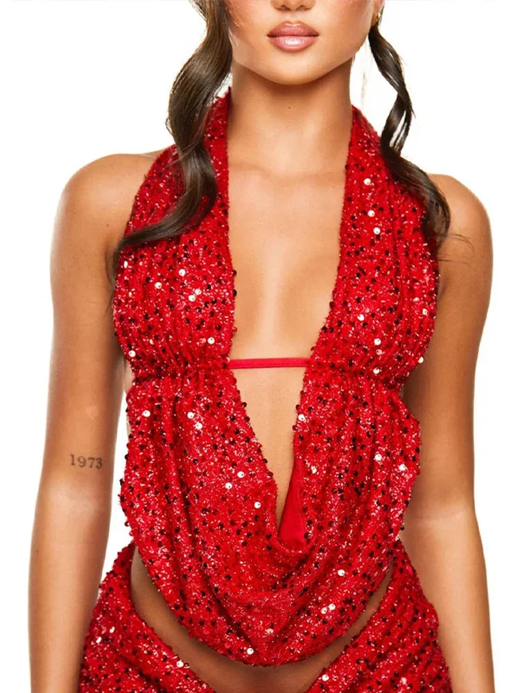Sequins Deep Neck Halter Tank Top