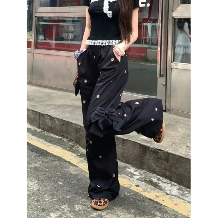 Bows Bear Printed Wide Leg Elastic Cargo Pants