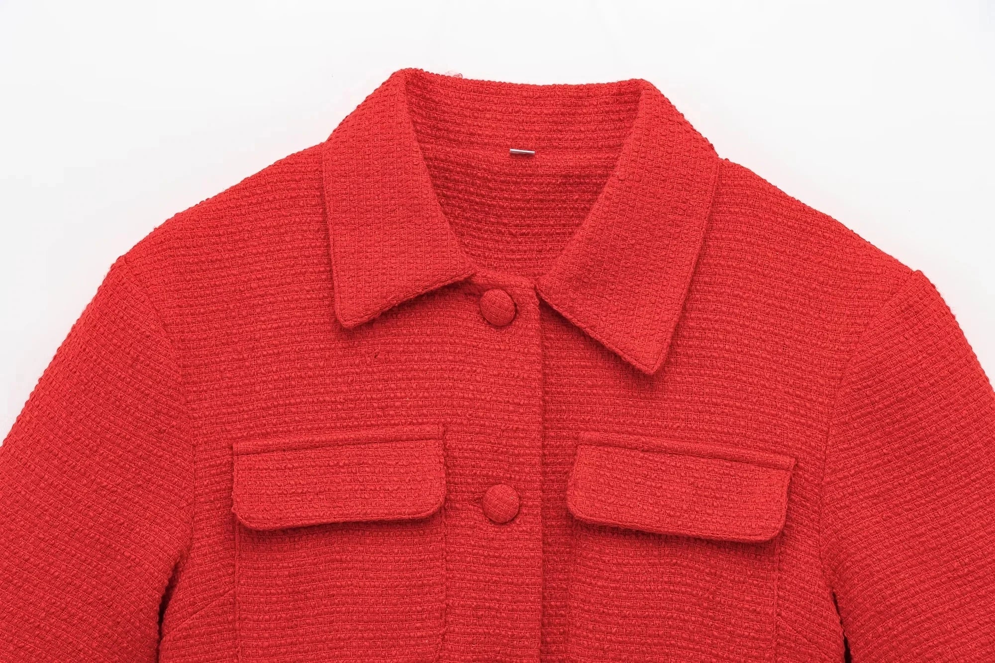 Red Solid Collar Short Sleeve Buttoned Top And Mini Skirt Set
