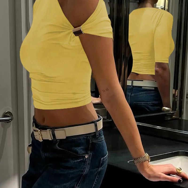 One Shoulder Asymmetrical Metal Ring Top