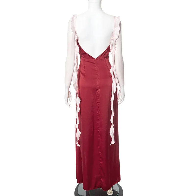 Frill Strap Satin Midi Dress