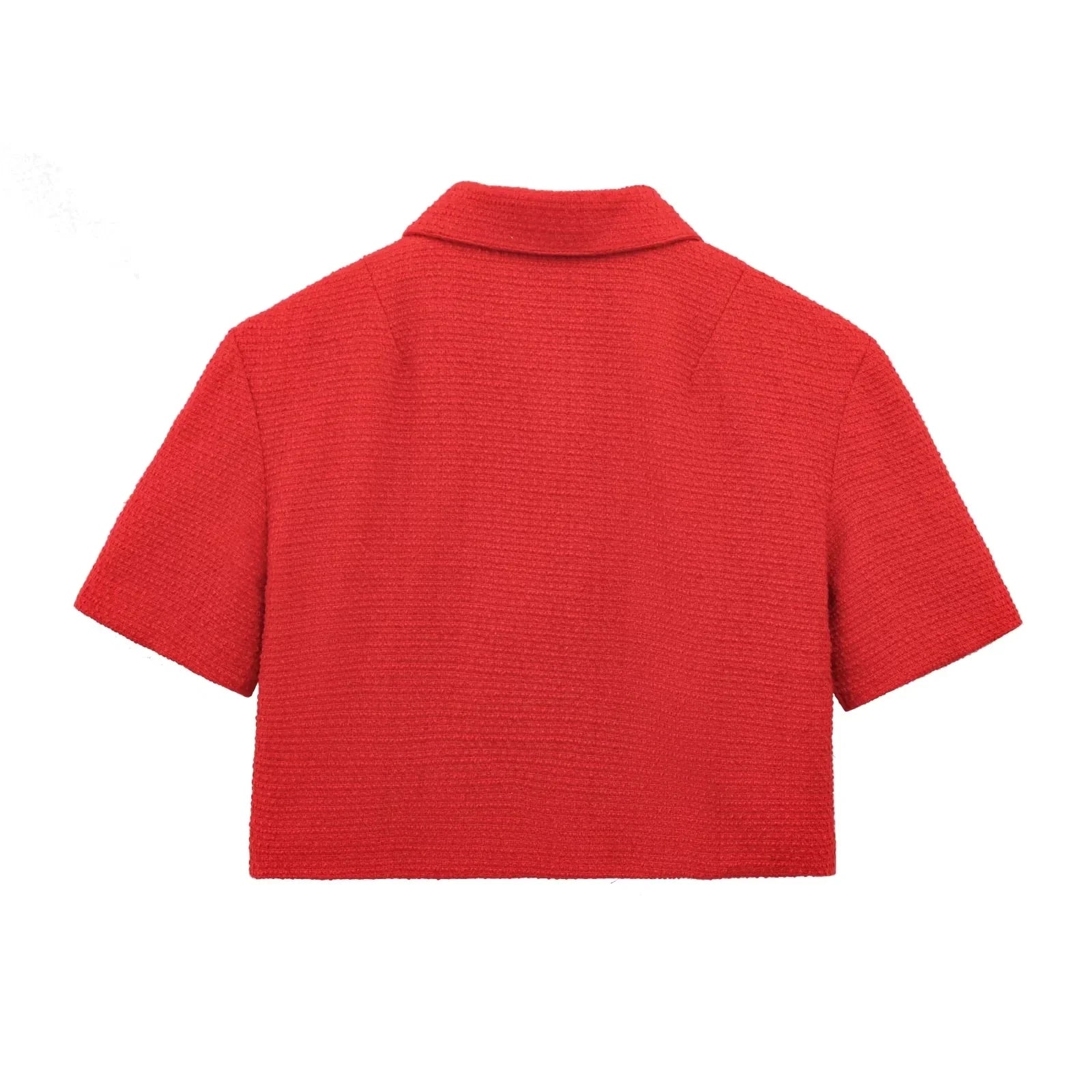 Red Solid Collar Short Sleeve Buttoned Top And Mini Skirt Set