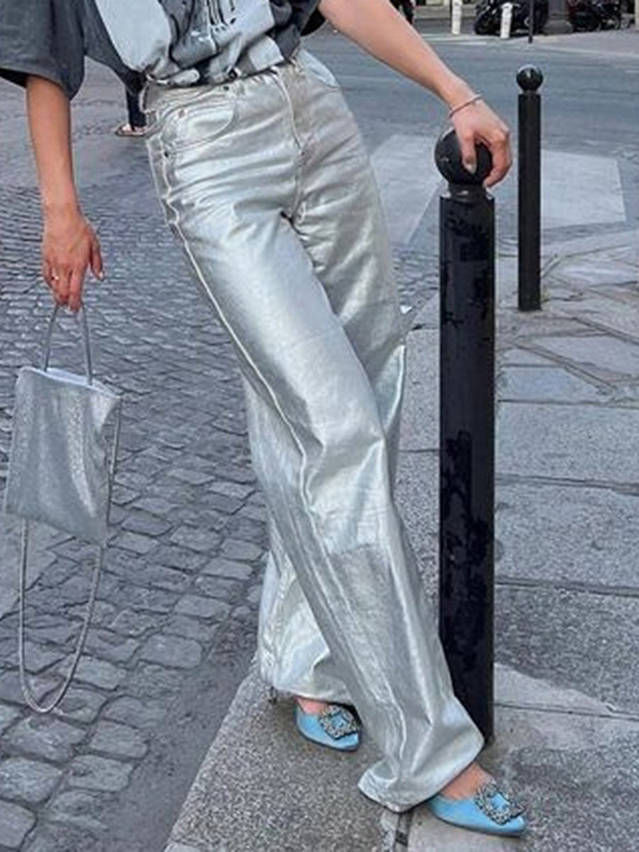 Metallic High Waist Denim Straight Leg Pants