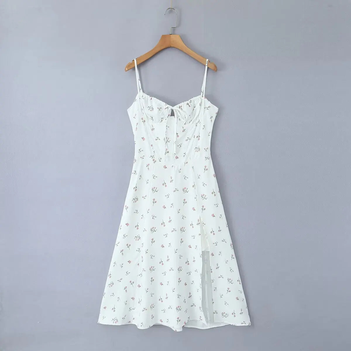 White Floral Print Slit Strap Midi Dress