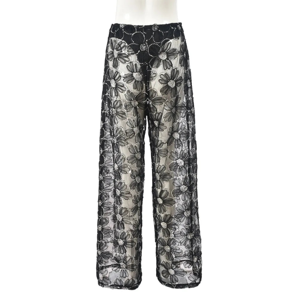 Black Mesh Floral Rhinestone Pants