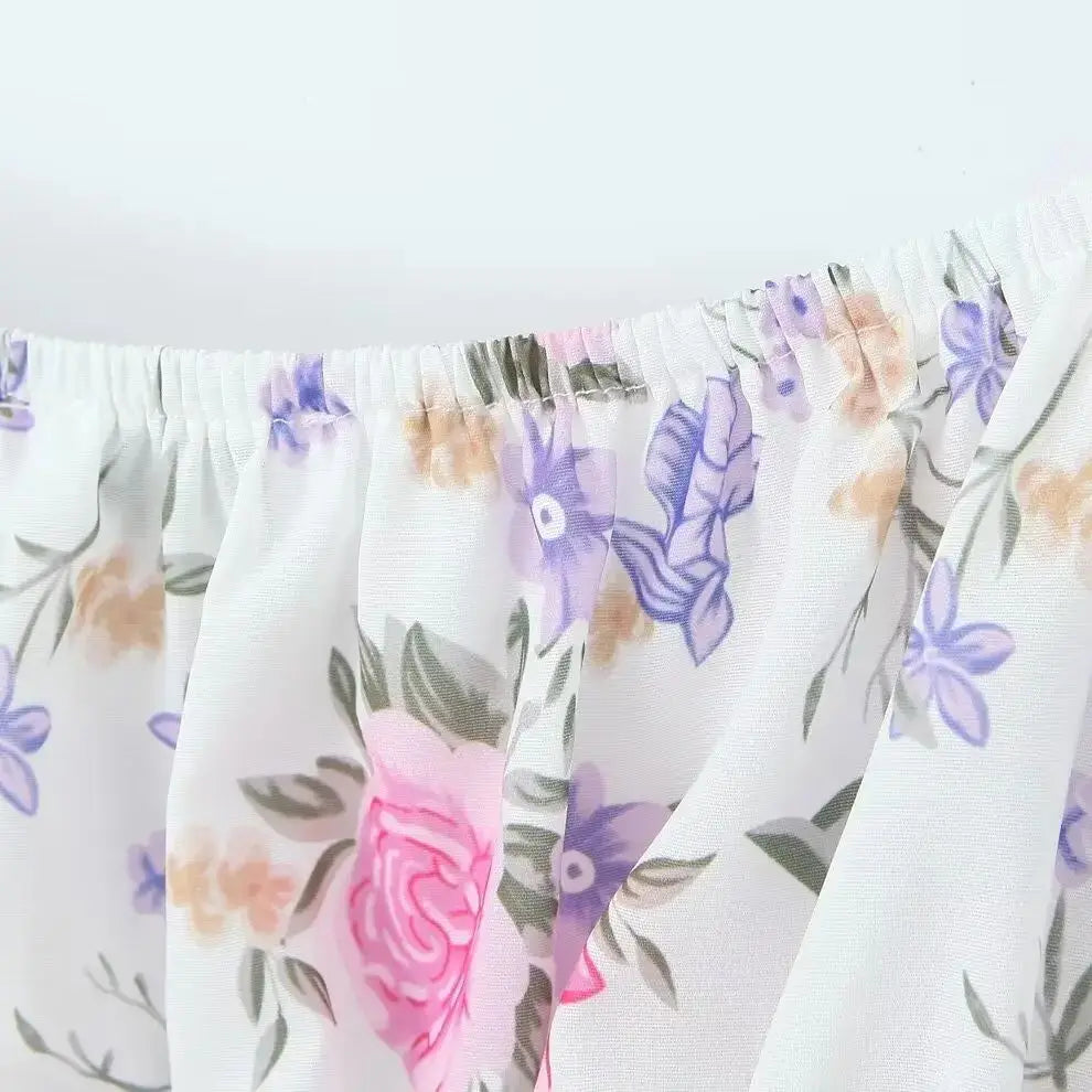 Printed Ruched Short Puff Sleeve Crop Top