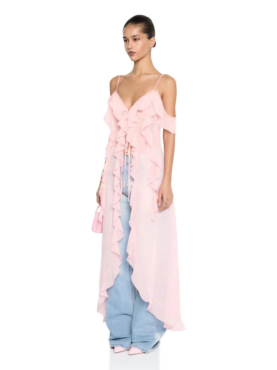 Ruffled Fringe Strap V-Neck Long Top