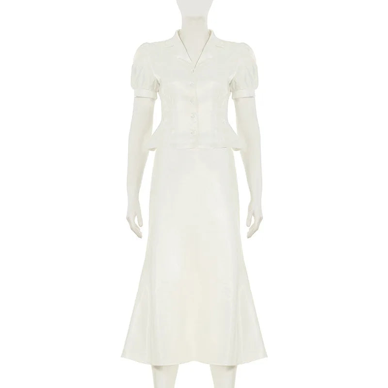 White Puff Sleeve T shirt And High Waist Skirt Set