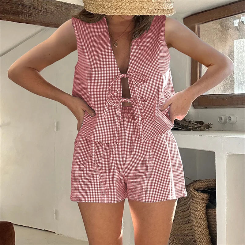 Plaid Tie Up Top And Shorts Set