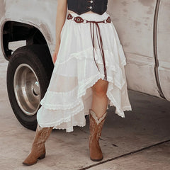 Ruffle Layered Lace Trim Maxi Skirt