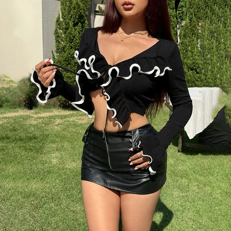 Black Long Sleeve Tie Up Ruffles Top