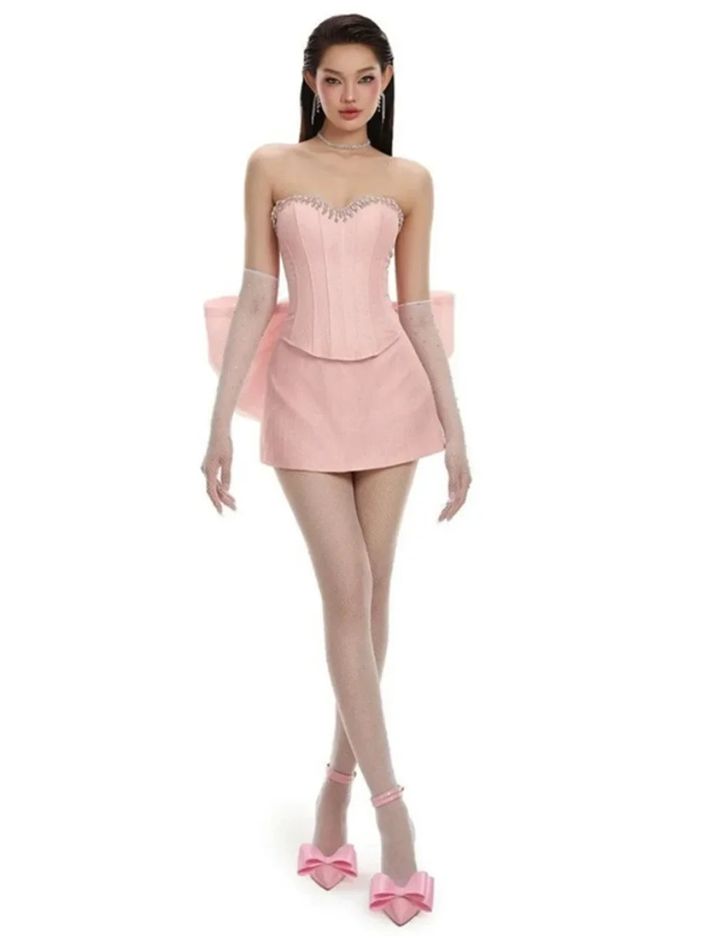 Diamond Strapless Large Bow Corset Top And Mini Skirt Set