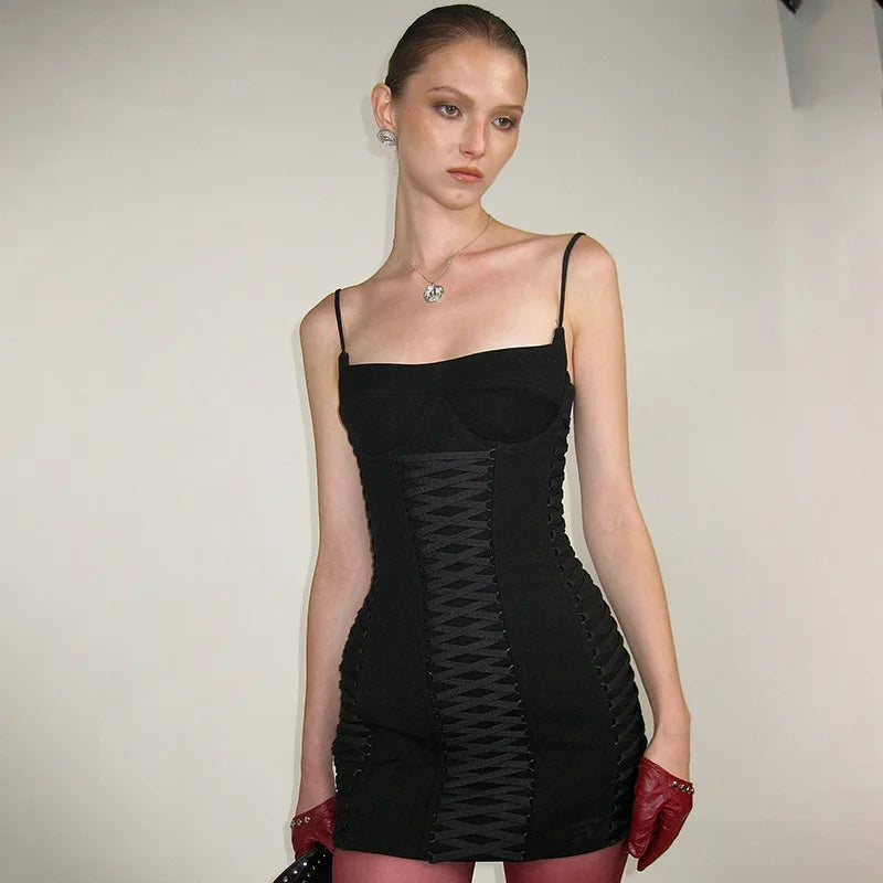Black Lace Up Bodycon Strap Mini Dress