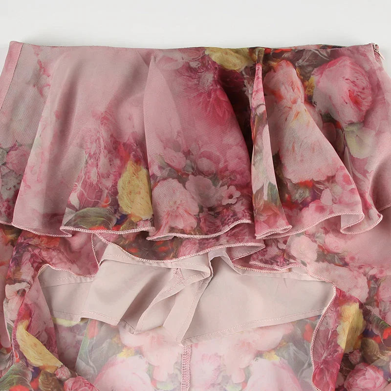 Floral Print Chiffon Ruffled Mini Draped Skirt