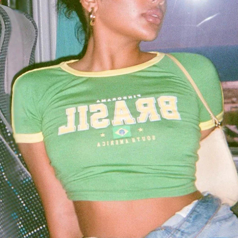 Green Brazil Flag Graphic Crop Top - Streetwear Regular Fit