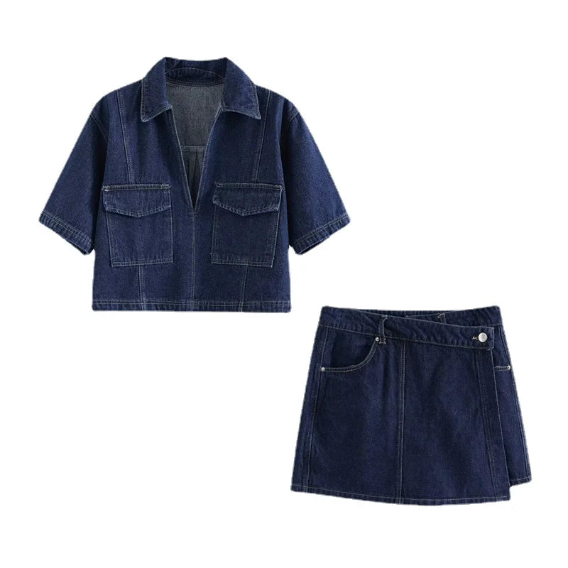 Demin Collar Crop Top and Skirt Set
