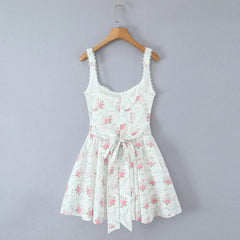 White Floral Print Back Tie Flare Mini Dress - Casual Loose Fit