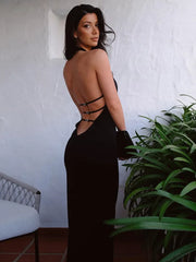 Backless Halter Elegant Bandage Summer Club Black Midi Dresses