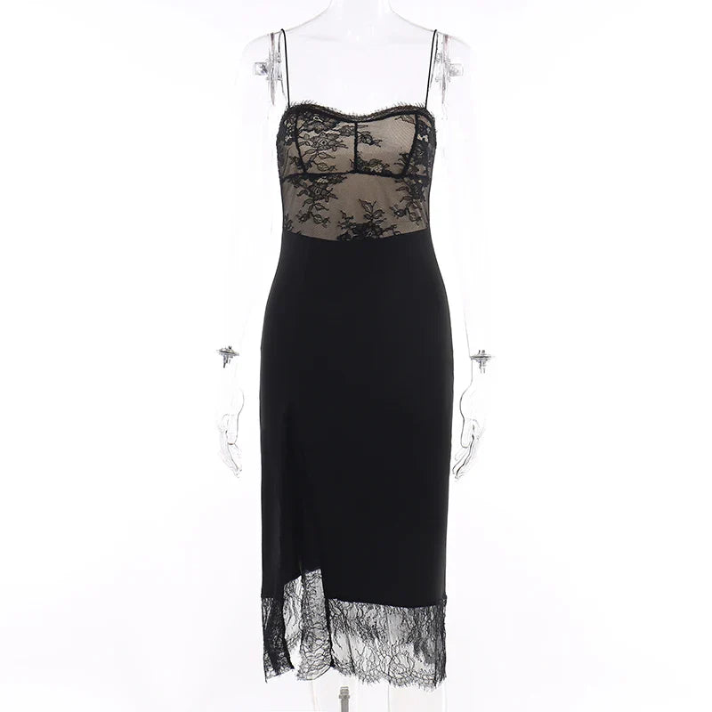 Black Spaghetti Strap Backless Split Lace Dress