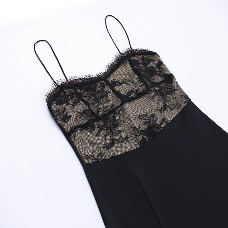 Black Spaghetti Strap Backless Split Lace Dress