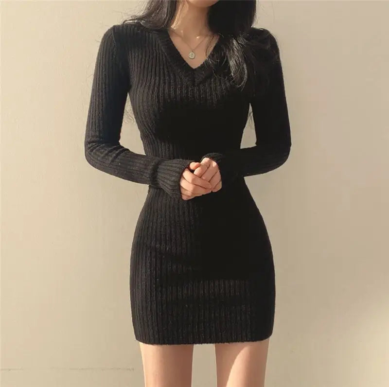 V neck Long sleeved Knitted Bodycon Dress