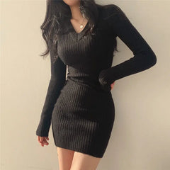 V neck Long sleeved Knitted Bodycon Dress