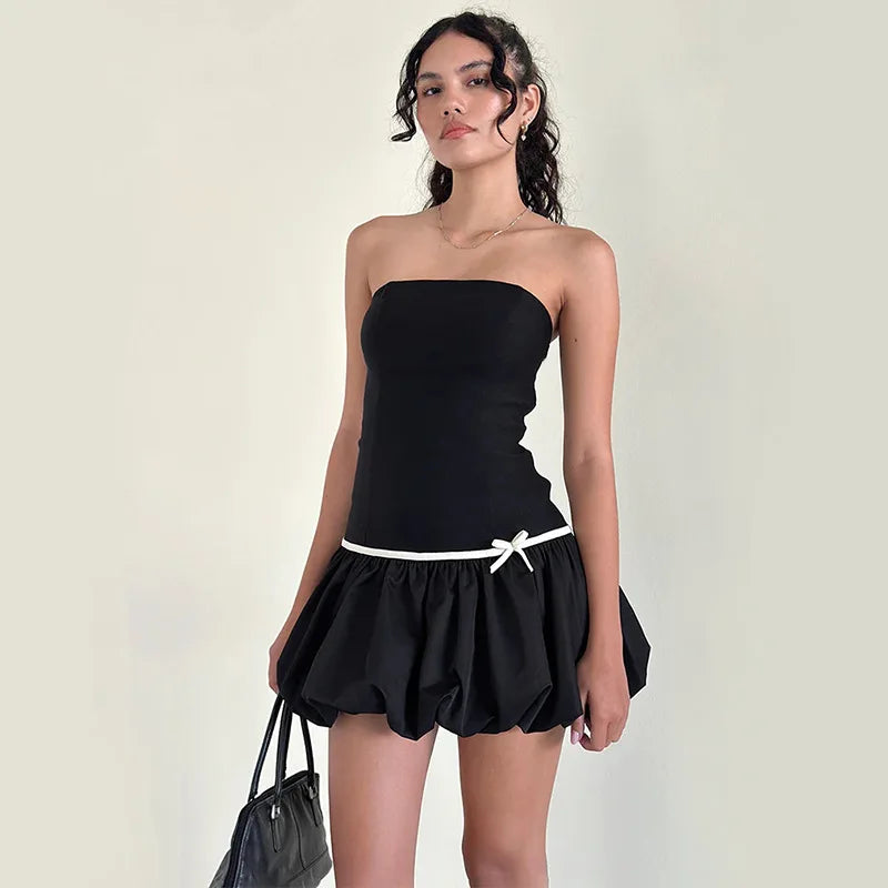 Black Puff Strapless Mini Dress