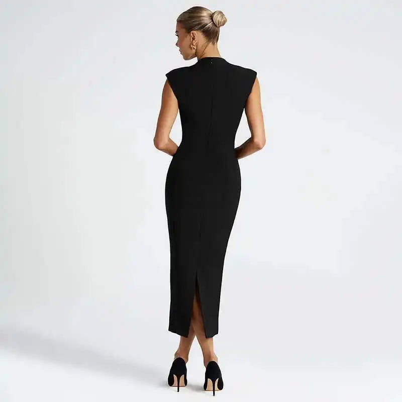 Deep Neck Short Sleeve Solid Midi Dress