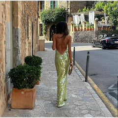 Green Sequin Backless Sling Maxi Dress