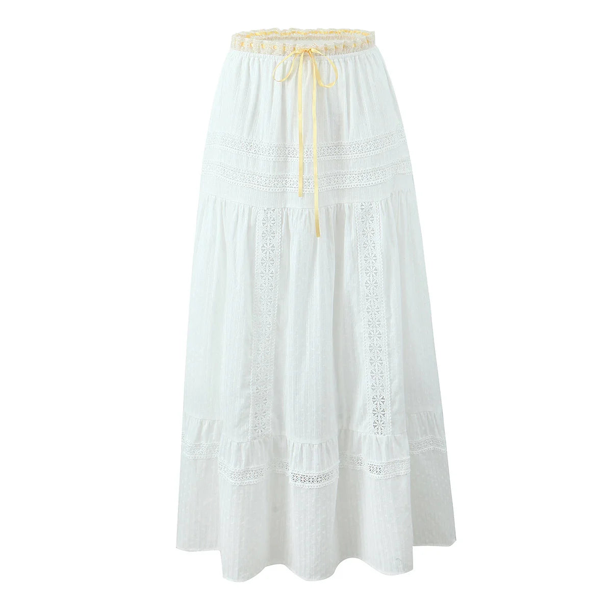 White Ruched Yellow Ribbon Crop Top And Maxi Skirt Set