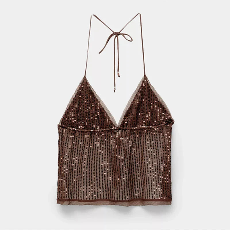 Sheer Strap Sequin Top Lace Up Mini Skirt Set