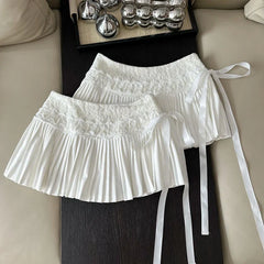 White Pleated Embroidered Bow Mini Skirt