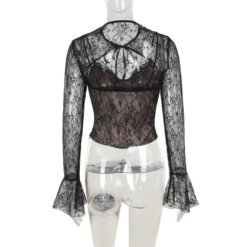 Black Long Sleeve Lace Tie Up Corset Top