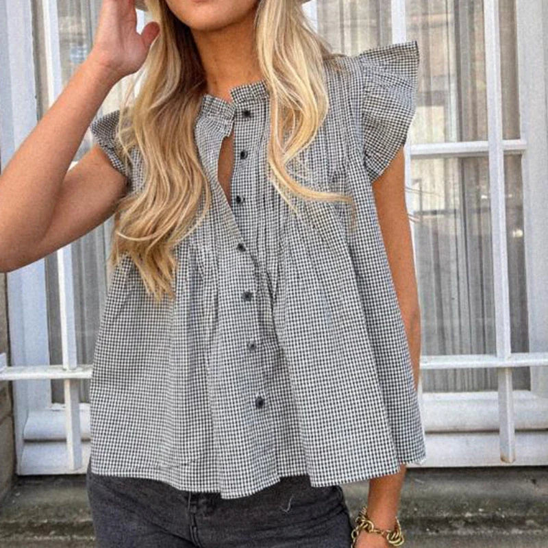 Floral/Plaid Patterm Flowy Peplum Blouse