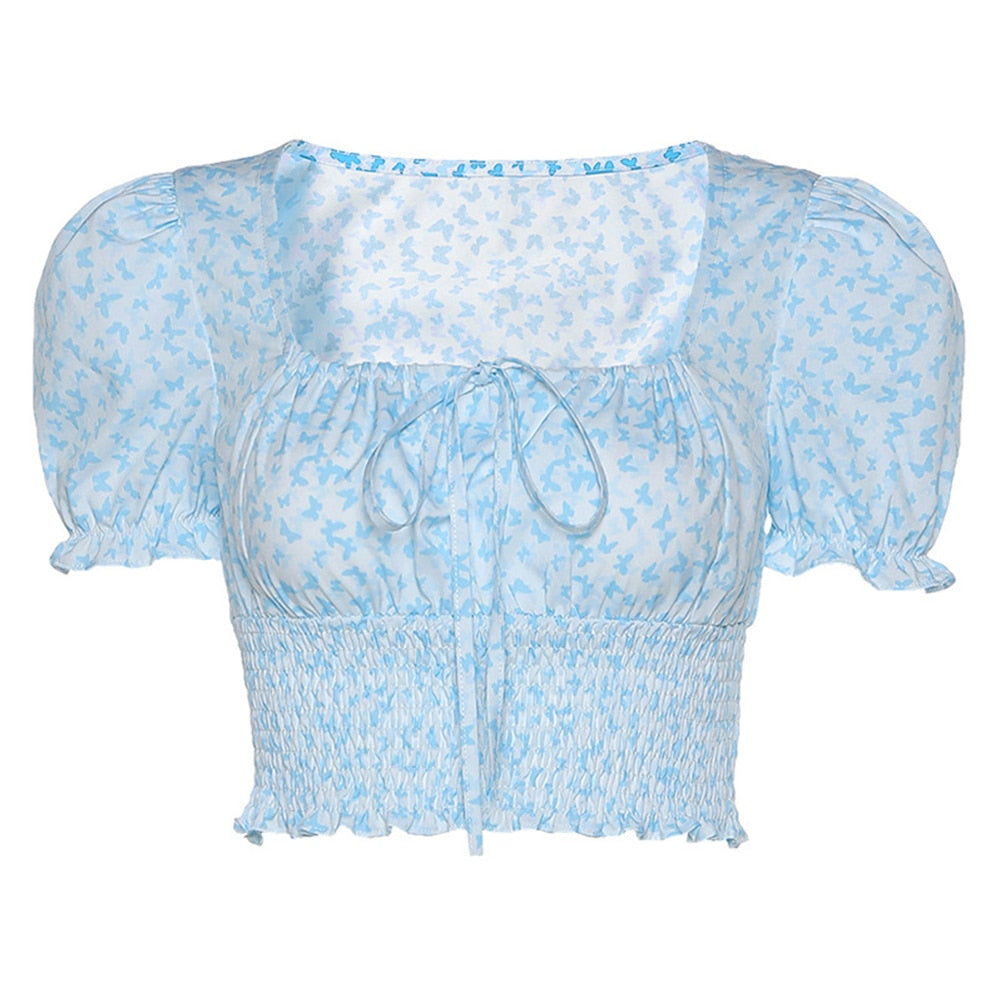 Blue Barry Butterfly Print Crop Top