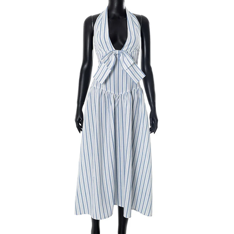 Blue Stripe Deep Neck Maxi Dress