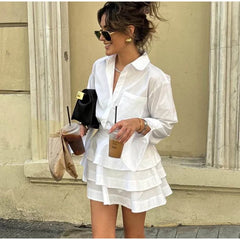 White Collar Shirt And Frill Mini Skirt Set