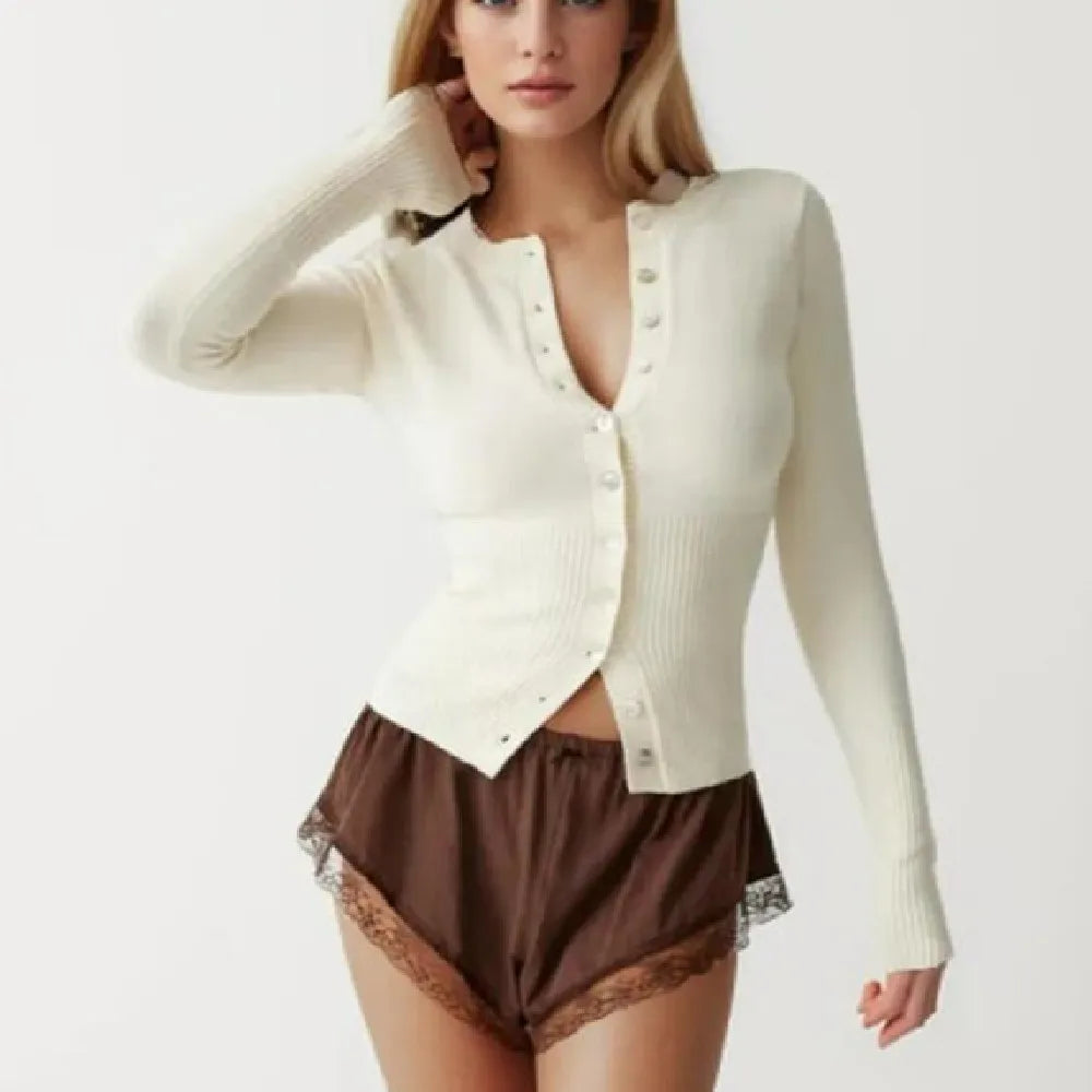 Knit Buttoned Long Sleeve Top And Pleated Mini Skirt