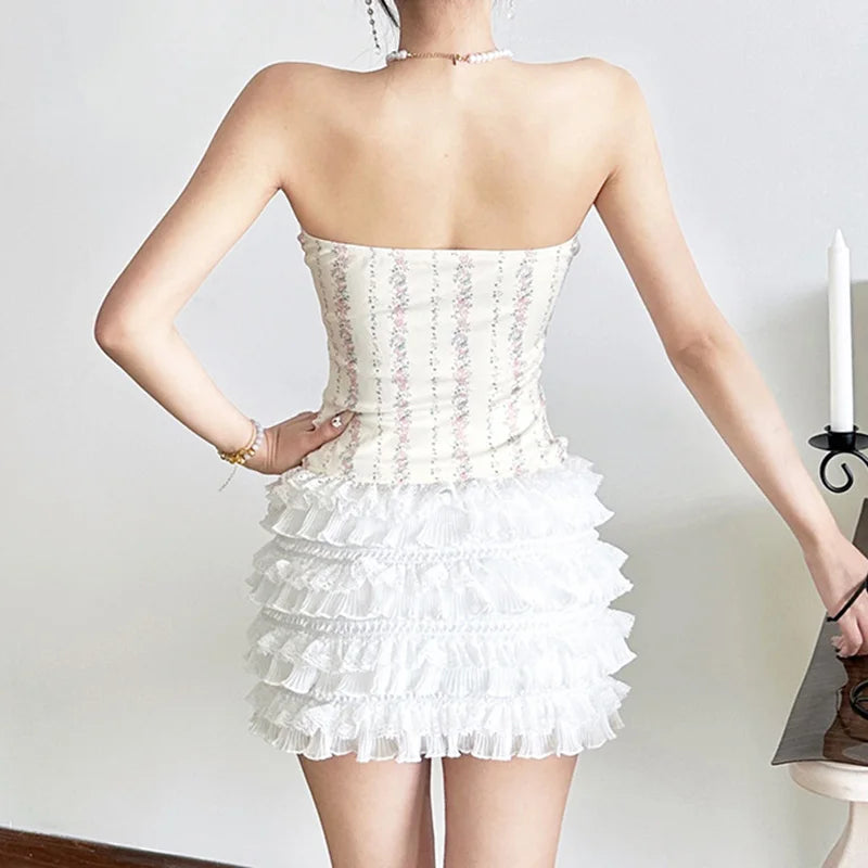 Strapless Lace Trim Pink Print Patchwork Corset Top