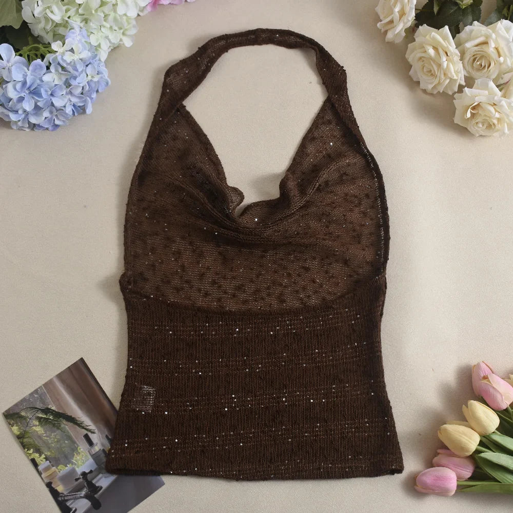 Brown Knit Sheer Halter Deep Neck Sequin Top