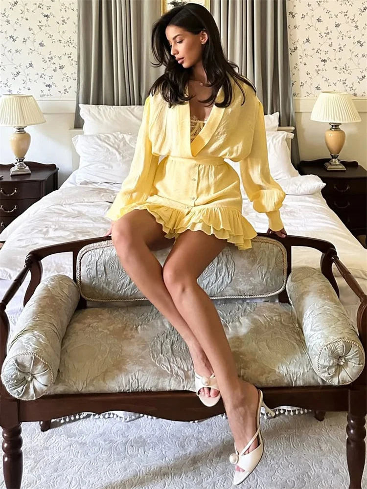 Yellow Ruffled V-Neck Mini Dress