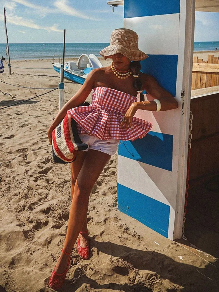 Red And White Checkered Print Strapless Top