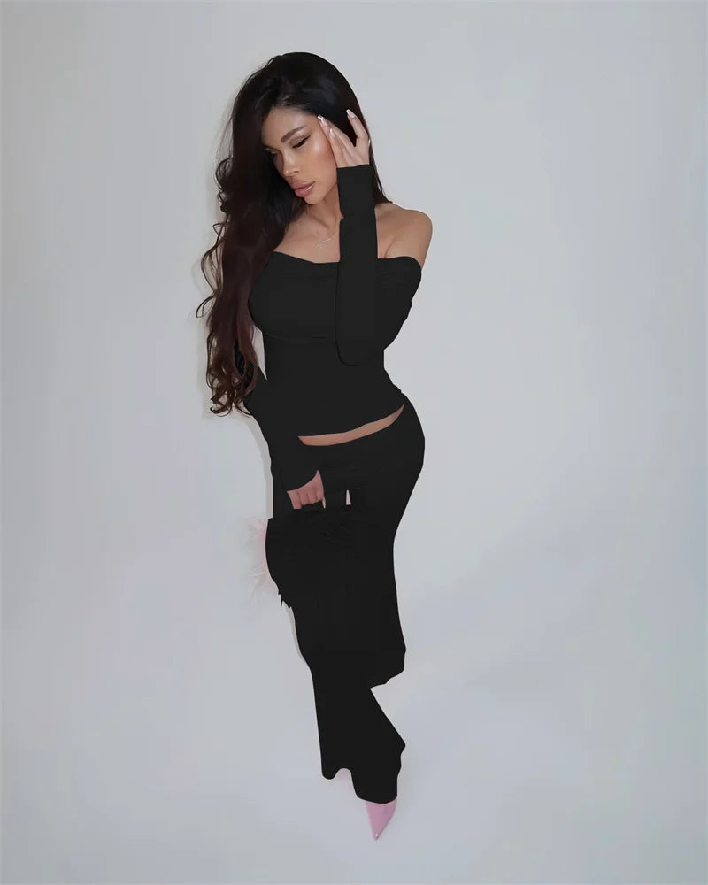 Long Sleeve Off-Shoulder Top And Ruched Pants Set