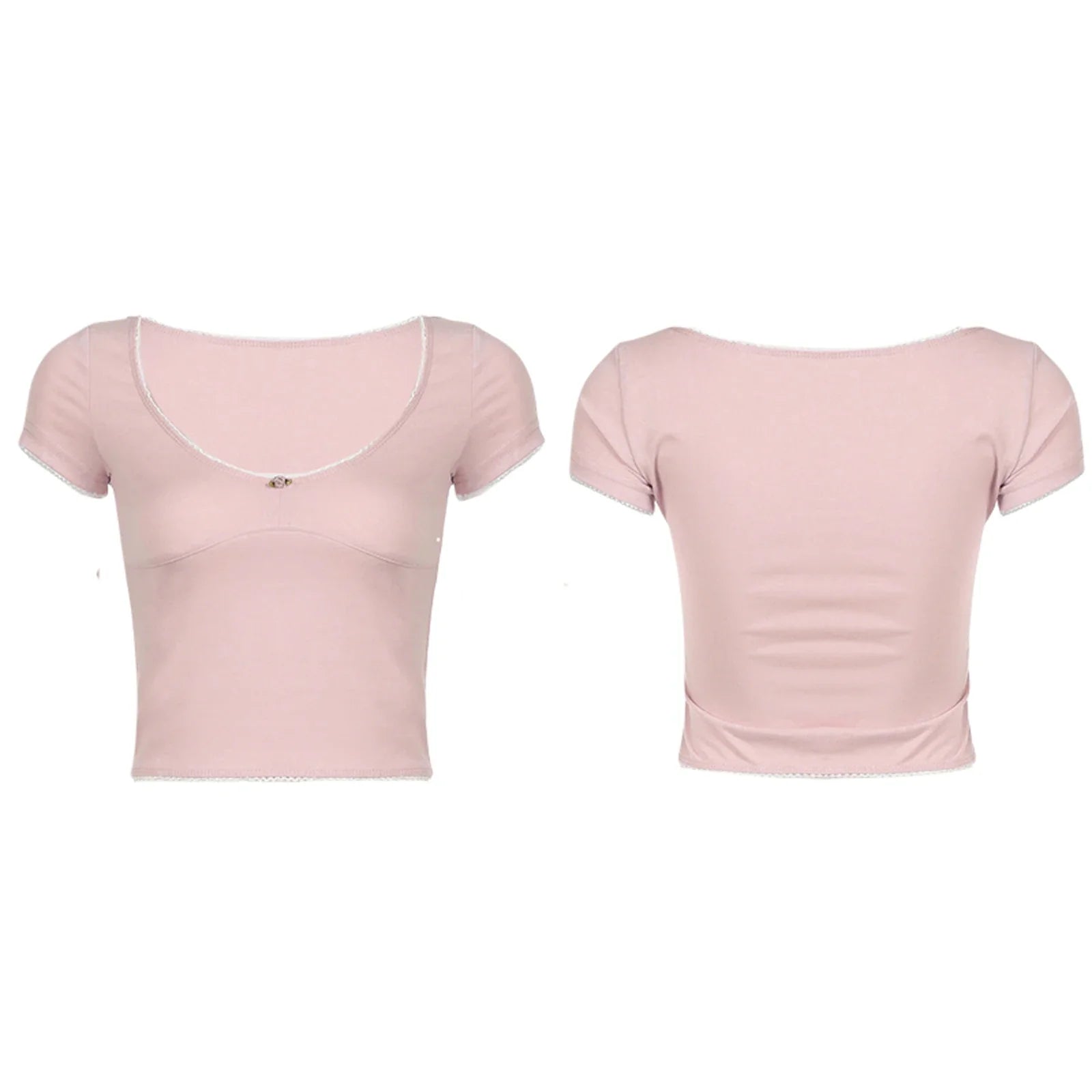 Short Sleeve Lace Trim Scoop Neck with Bow Top