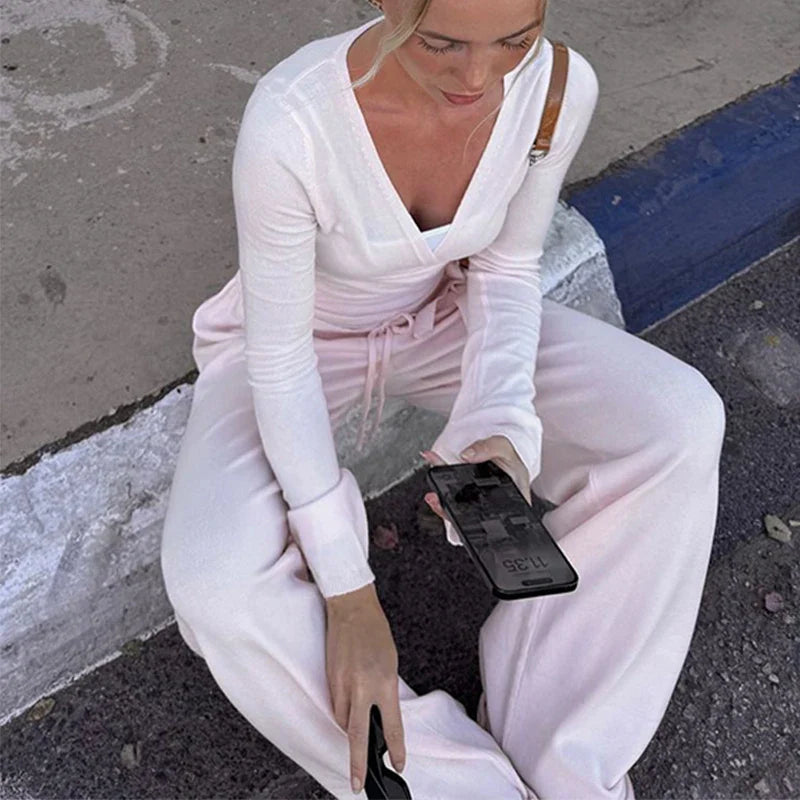 Solid Wrap Around Top And Drawstring Pants Set