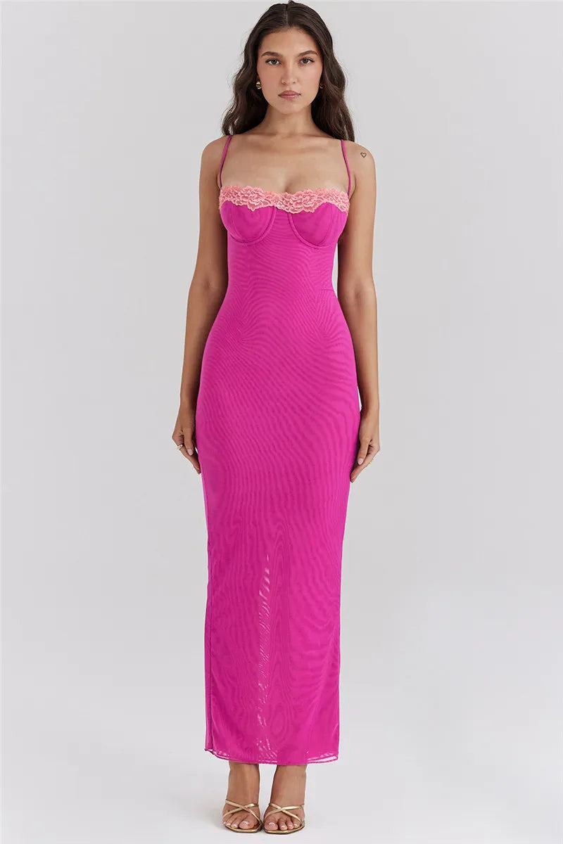 Lace Spaghetti Strap Mesh Midi Dress